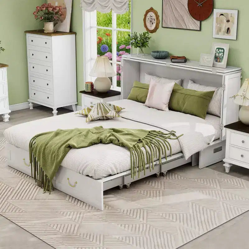 Keloyid Haimyy Solid Wood Frame Queen Murphy Bed Chest with Built-in Charger and 2 Strong Drawer
