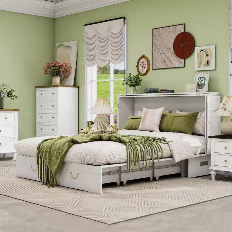 Keloyid Haimyy Solid Wood Frame Queen Murphy Bed Chest with Built-in Charger and 2 Strong Drawer