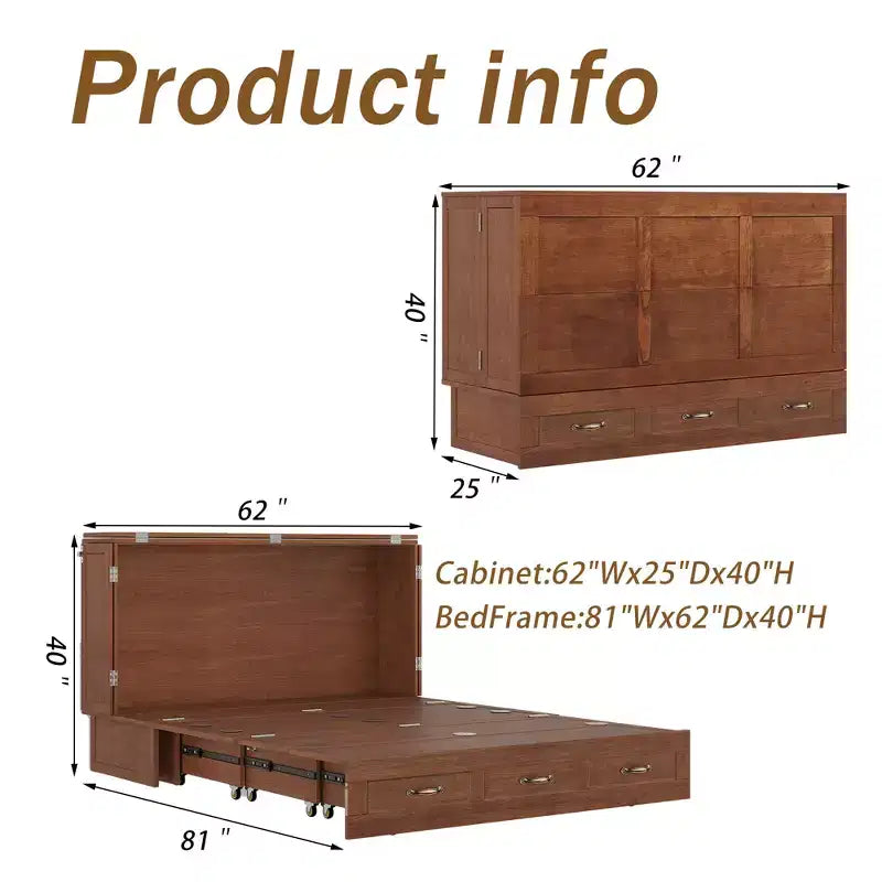 Keloyid Haimyy Solid Wood Frame Queen Murphy Bed Chest with Built-in Charger and 2 Strong Drawer