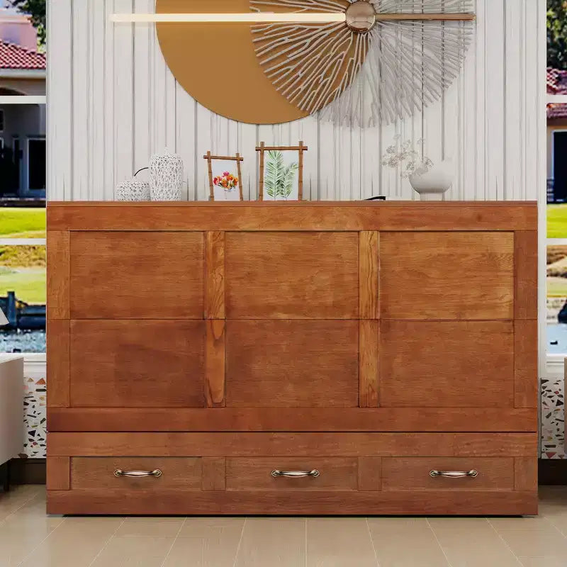 Keloyid Haimyy Solid Wood Frame Queen Murphy Bed Chest with Built-in Charger and 2 Strong Drawer