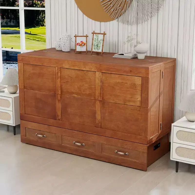 Keloyid Haimyy Solid Wood Frame Queen Murphy Bed Chest with Built-in Charger and 2 Strong Drawer
