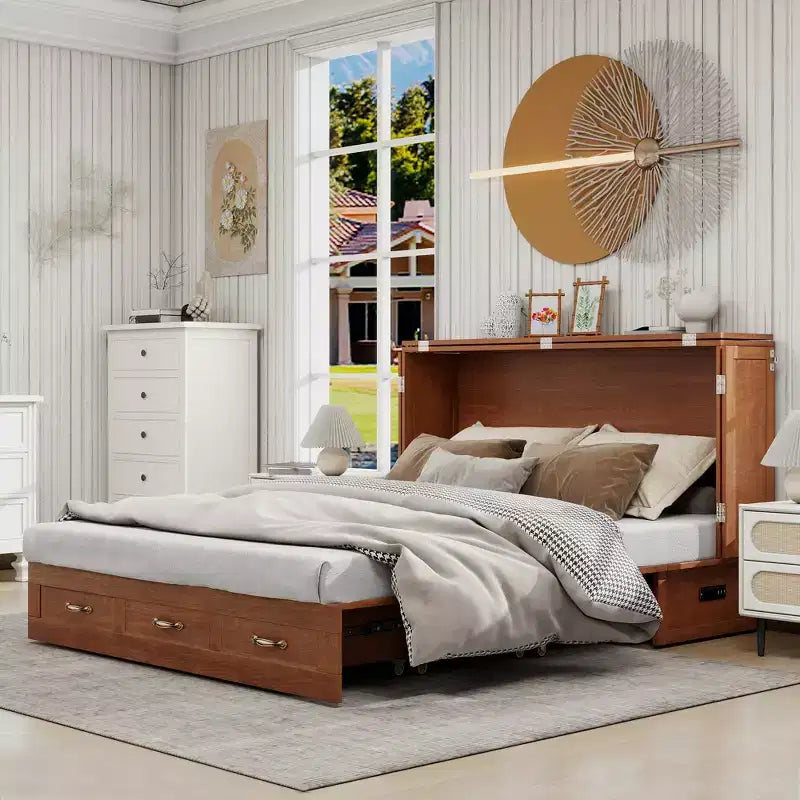 Keloyid Haimyy Solid Wood Frame Queen Murphy Bed Chest with Built-in Charger and 2 Strong Drawer