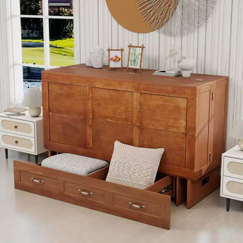 Keloyid Haimyy Solid Wood Frame Queen Murphy Bed Chest with Built-in Charger and 2 Strong Drawer