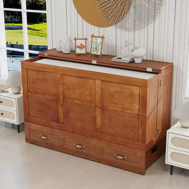 Keloyid Haimyy Solid Wood Frame Queen Murphy Bed Chest with Built-in Charger and 2 Strong Drawer