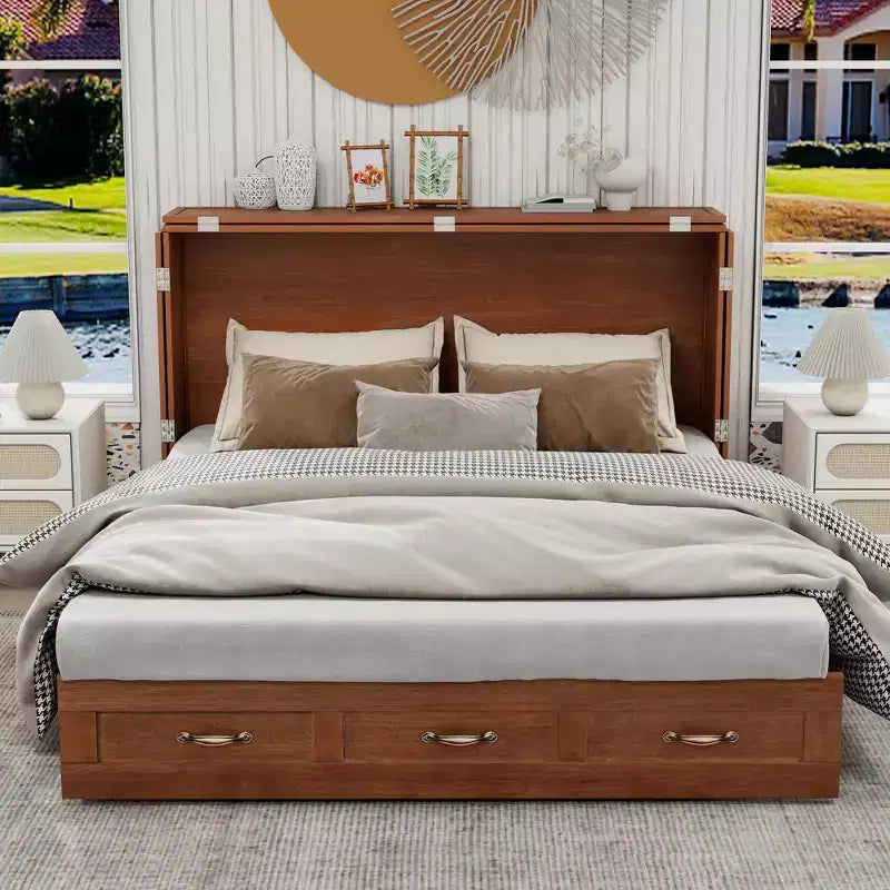 Keloyid Haimyy Solid Wood Frame Queen Murphy Bed Chest with Built-in Charger and 2 Strong Drawer