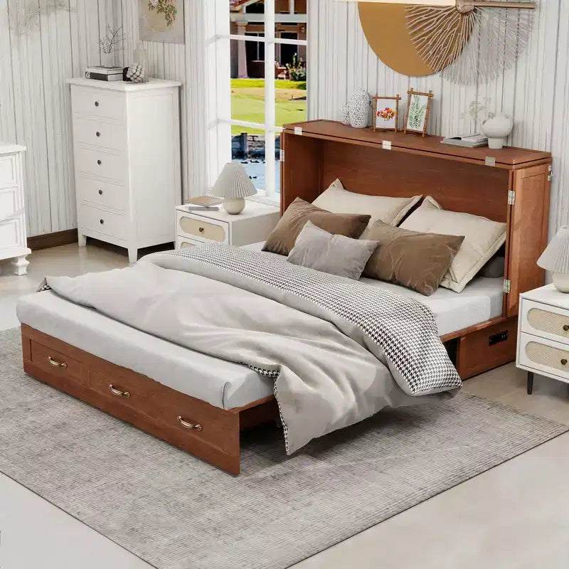 Keloyid Haimyy Solid Wood Frame Queen Murphy Bed Chest with Built-in Charger and 2 Strong Drawer