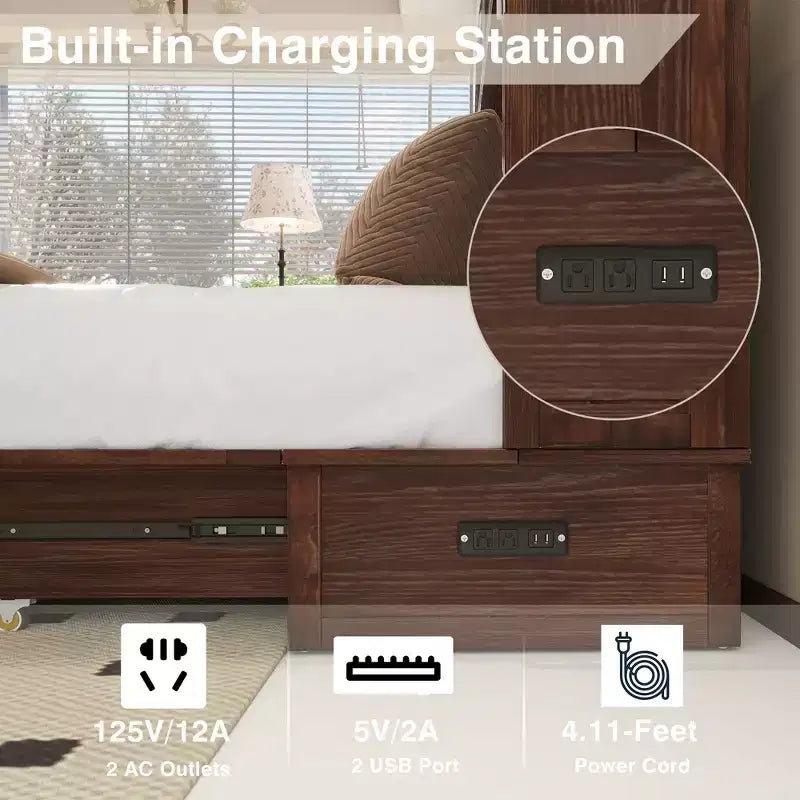 Keloyid Haimyy Solid Wood Frame Queen Murphy Bed Chest with Built-in Charger and 2 Strong Drawer