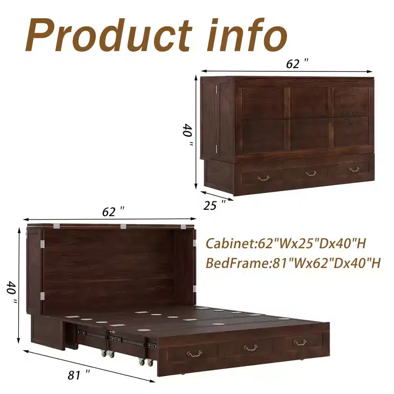 Keloyid Haimyy Solid Wood Frame Queen Murphy Bed Chest with Built-in Charger and 2 Strong Drawer