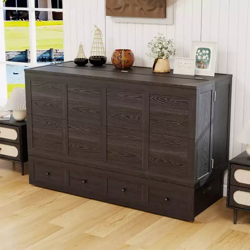Cassettone letto a scomparsa Queen, struttura in legno massello con caricatore integrato e cassetto portaoggetti