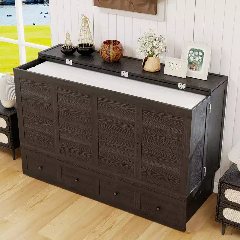 Cassettone letto a scomparsa Queen, struttura in legno massello con caricatore integrato e cassetto portaoggetti