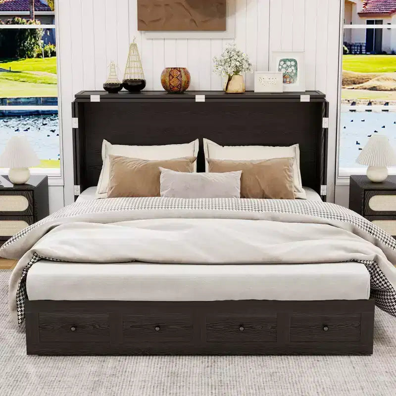 Cassettone letto a scomparsa Queen, struttura in legno massello con caricatore integrato e cassetto portaoggetti