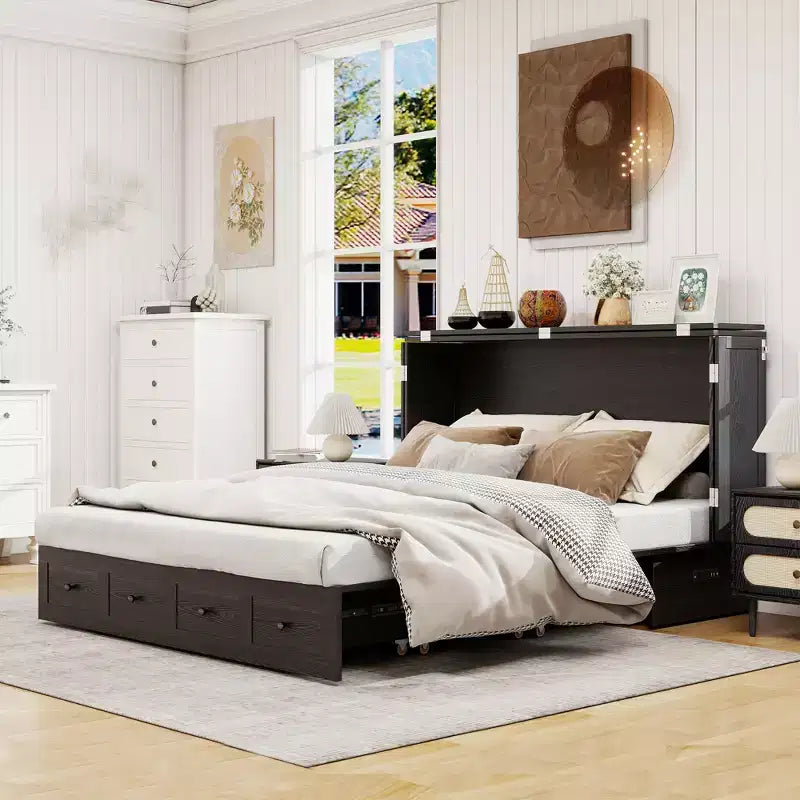 Cassettone letto a scomparsa Queen, struttura in legno massello con caricatore integrato e cassetto portaoggetti