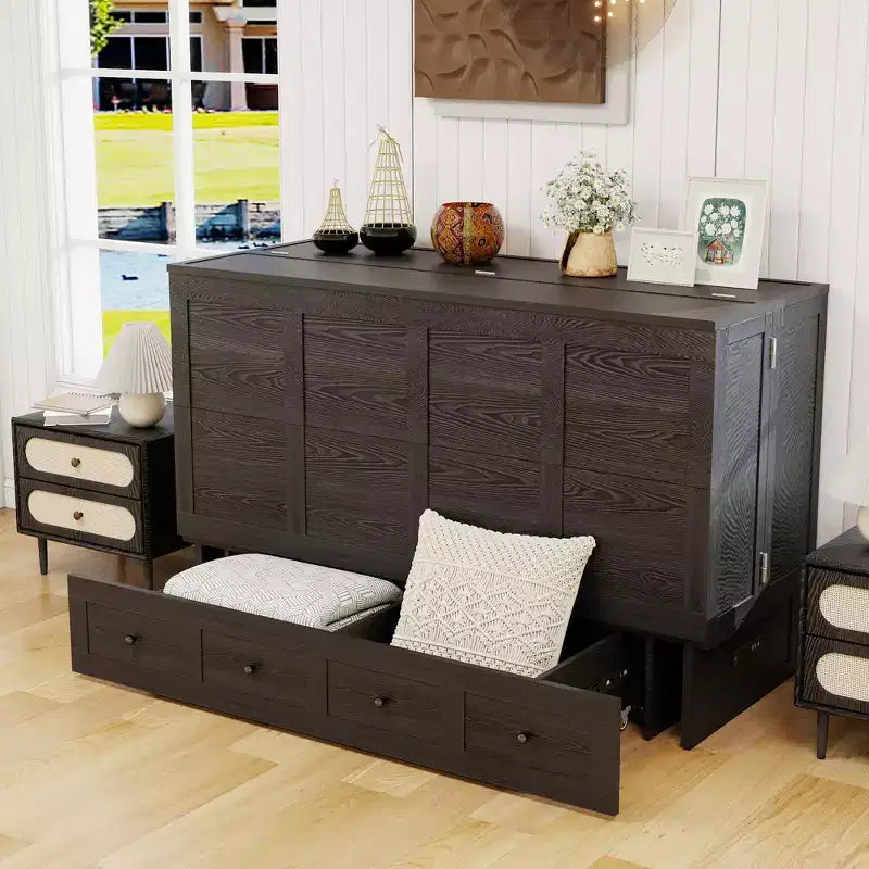 Cassettone letto a scomparsa Queen, struttura in legno massello con caricatore integrato e cassetto portaoggetti
