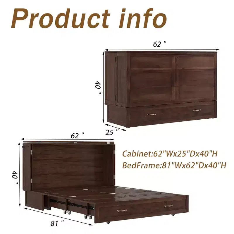 Cassettone letto a scomparsa Queen, struttura in legno massello con caricatore integrato e cassetto portaoggetti