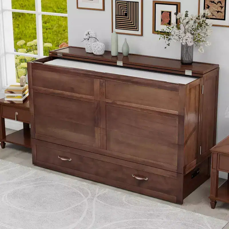 Cassettone letto a scomparsa Queen, struttura in legno massello con caricatore integrato e cassetto portaoggetti