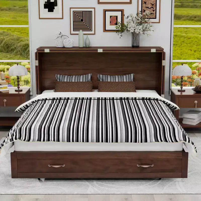 Cassettone letto a scomparsa Queen, struttura in legno massello con caricatore integrato e cassetto portaoggetti