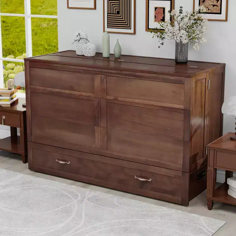 Cassettone letto a scomparsa Queen, struttura in legno massello con caricatore integrato e cassetto portaoggetti