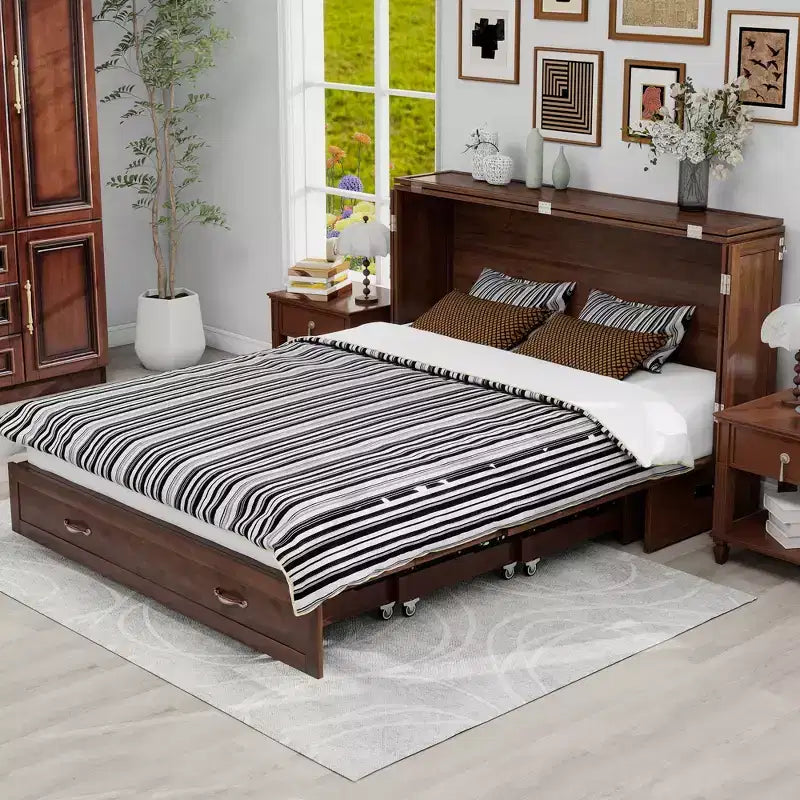 Cassettone letto a scomparsa Queen, struttura in legno massello con caricatore integrato e cassetto portaoggetti