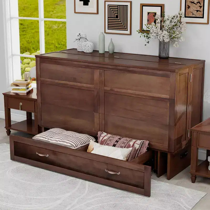 Cassettone letto a scomparsa Queen, struttura in legno massello con caricatore integrato e cassetto portaoggetti