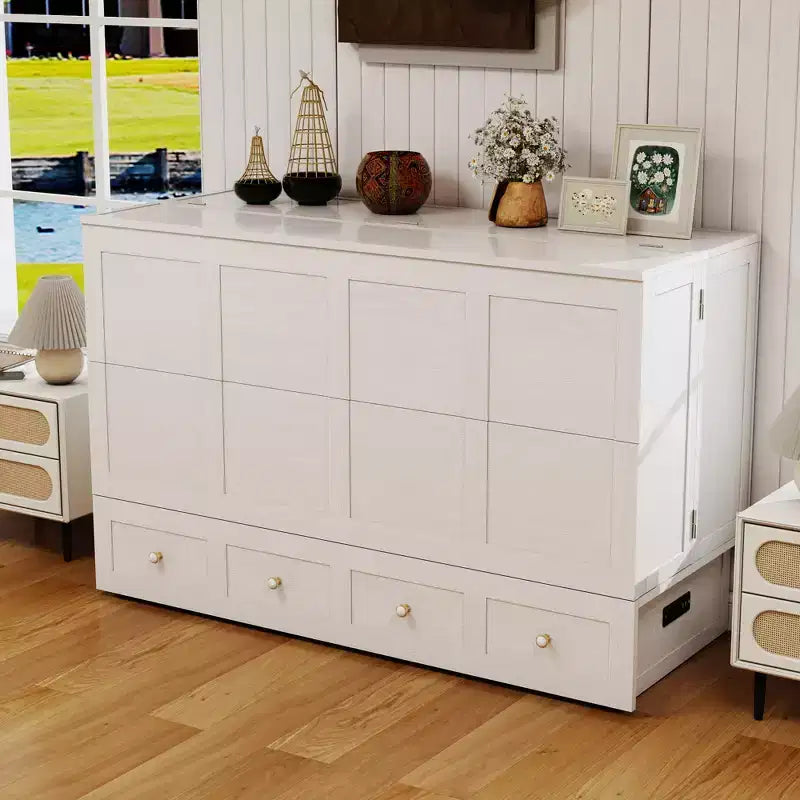 Cassettone letto a scomparsa Queen, struttura in legno massello con caricatore integrato e cassetto portaoggetti