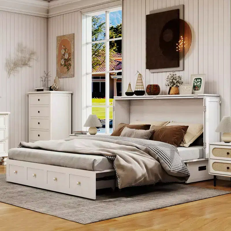Cassettone letto a scomparsa Queen, struttura in legno massello con caricatore integrato e cassetto portaoggetti