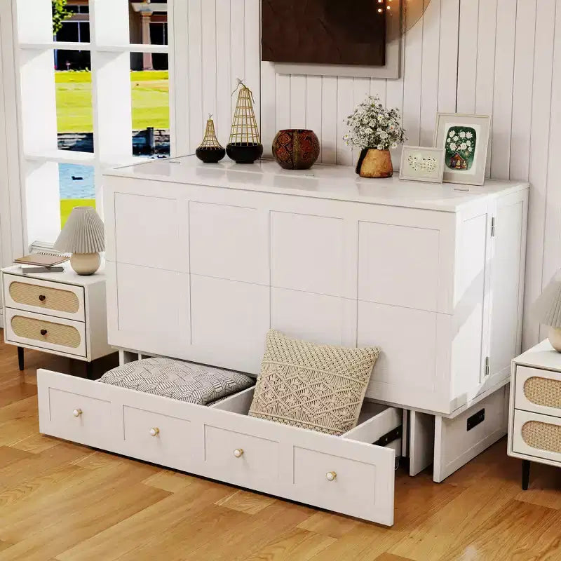 Cassettone letto a scomparsa Queen, struttura in legno massello con caricatore integrato e cassetto portaoggetti