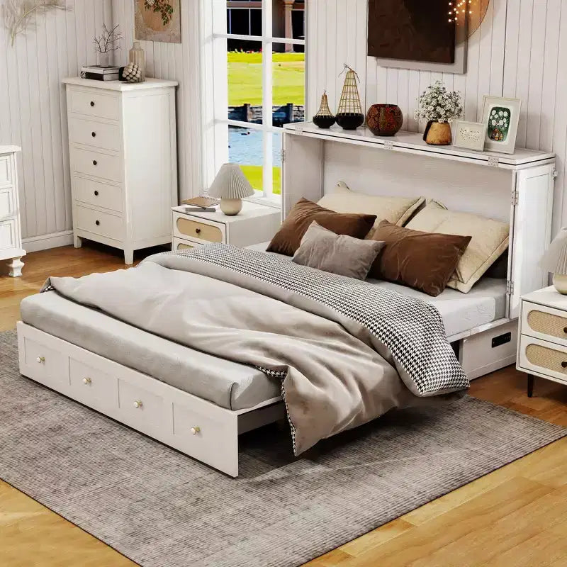 Cassettone letto a scomparsa Queen, struttura in legno massello con caricatore integrato e cassetto portaoggetti
