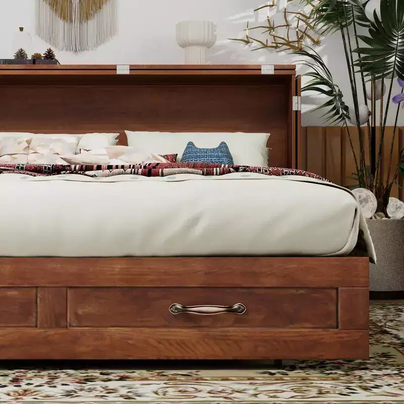 Cassettone letto a scomparsa Queen, struttura in legno massello con caricatore integrato e cassetto portaoggetti