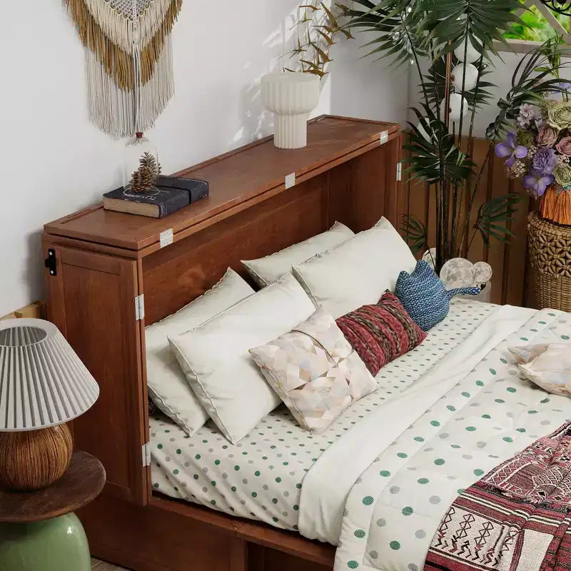 Cassettone letto a scomparsa Queen, struttura in legno massello con caricatore integrato e cassetto portaoggetti