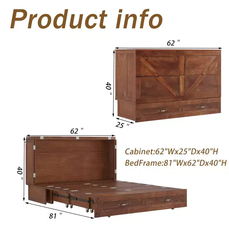Cassettone letto a scomparsa Queen, struttura in legno massello con caricatore integrato e cassetto portaoggetti