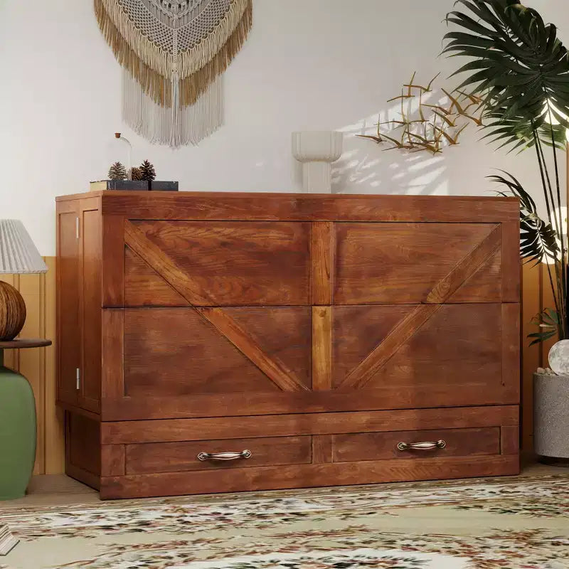 Cassettone letto a scomparsa Queen, struttura in legno massello con caricatore integrato e cassetto portaoggetti