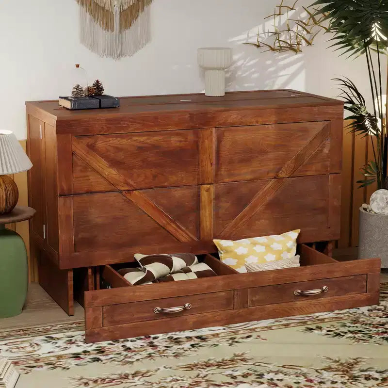 Cassettone letto a scomparsa Queen, struttura in legno massello con caricatore integrato e cassetto portaoggetti