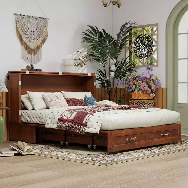 Cassettone letto a scomparsa Queen, struttura in legno massello con caricatore integrato e cassetto portaoggetti