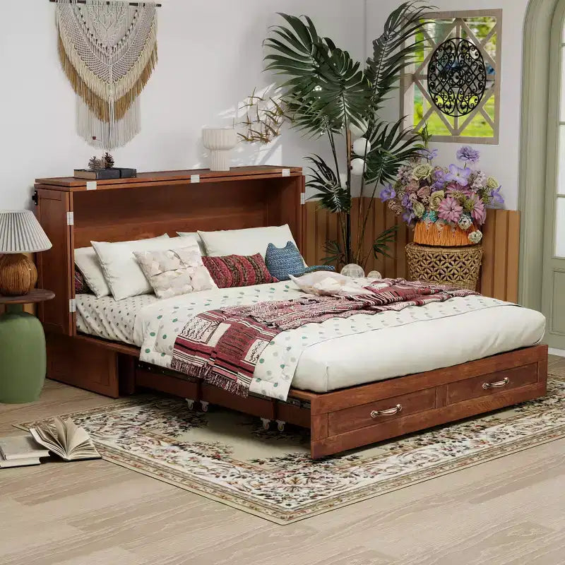 Cassettone letto a scomparsa Queen, struttura in legno massello con caricatore integrato e cassetto portaoggetti