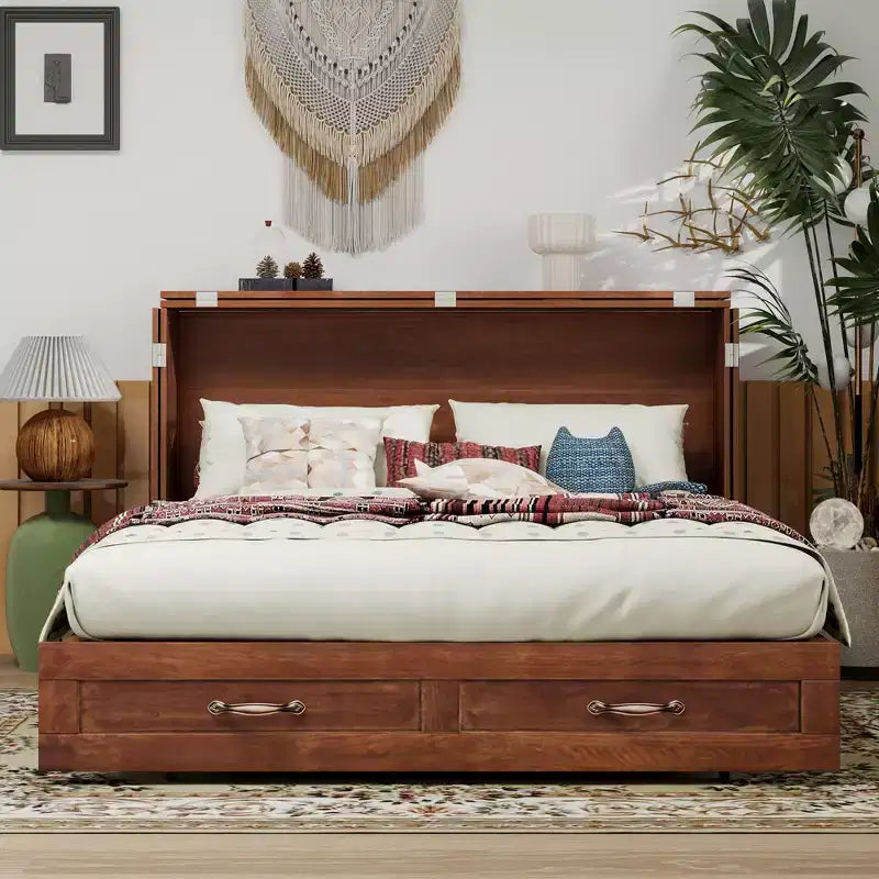 Cassettone letto a scomparsa Queen, struttura in legno massello con caricatore integrato e cassetto portaoggetti