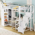 Metal Twin Loft Bed with Desk and Wardrobe, Stairway Loft Bed Frame with Storage Shelves, White