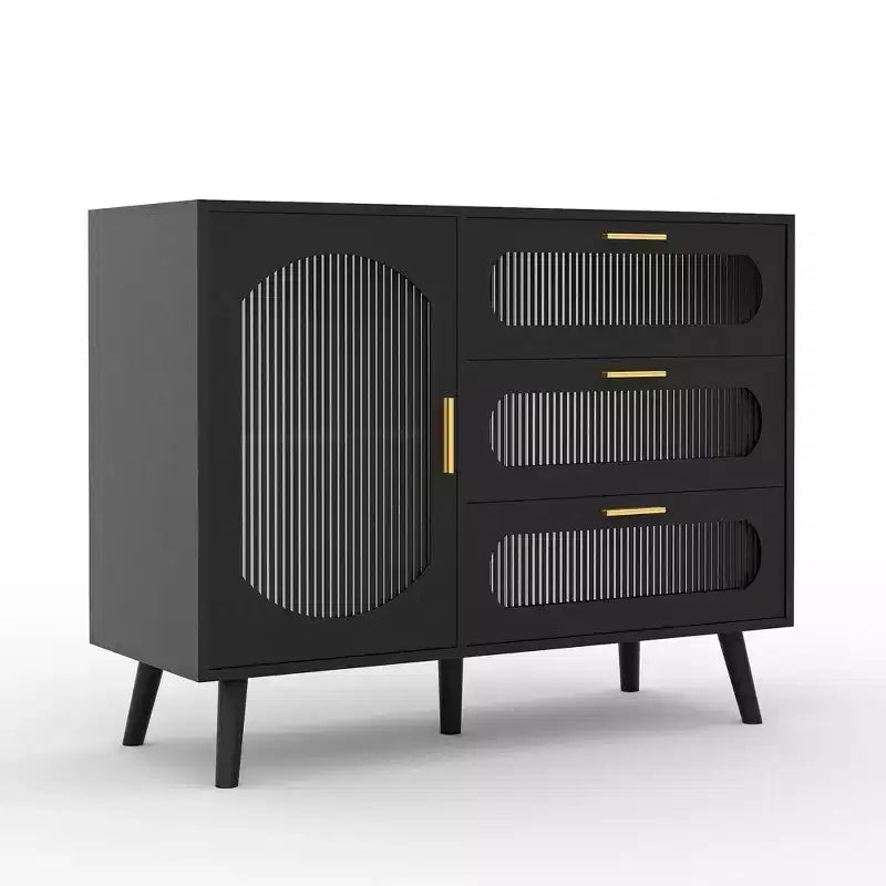 Credenza a buffet nera con ante in vetro scanalato e cassetti per la cucina
