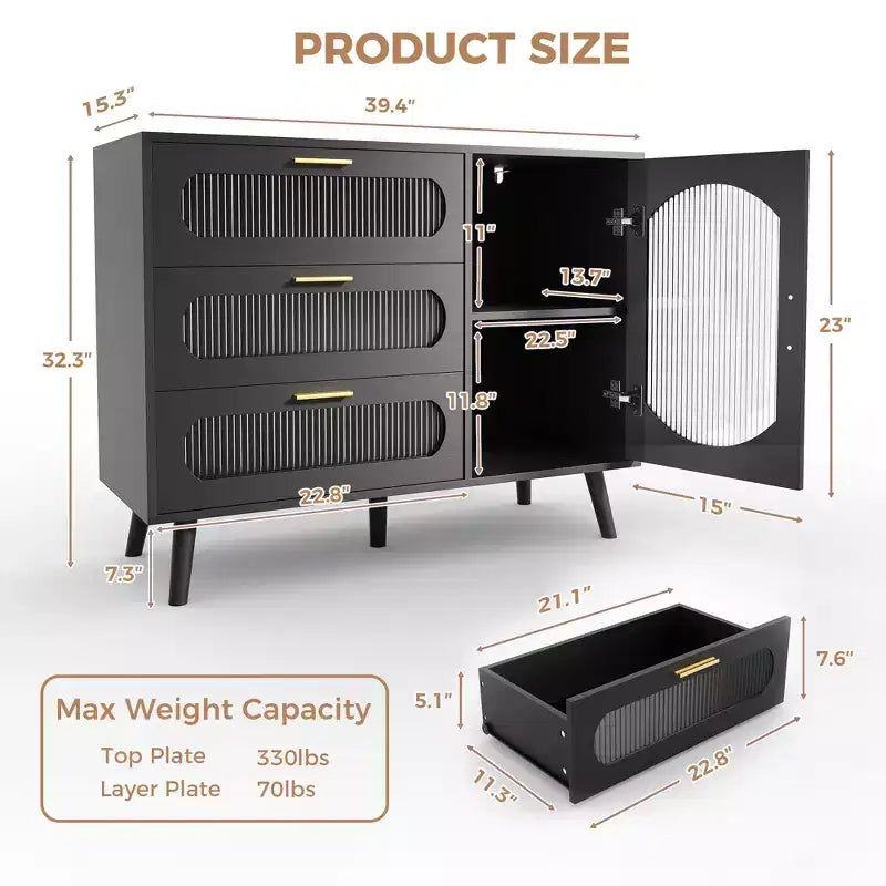 Credenza a buffet nera con ante in vetro scanalato e cassetti per la cucina
