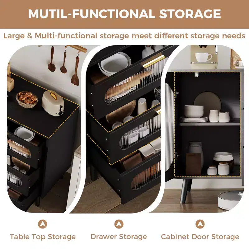 Credenza a buffet nera con ante in vetro scanalato e cassetti per la cucina