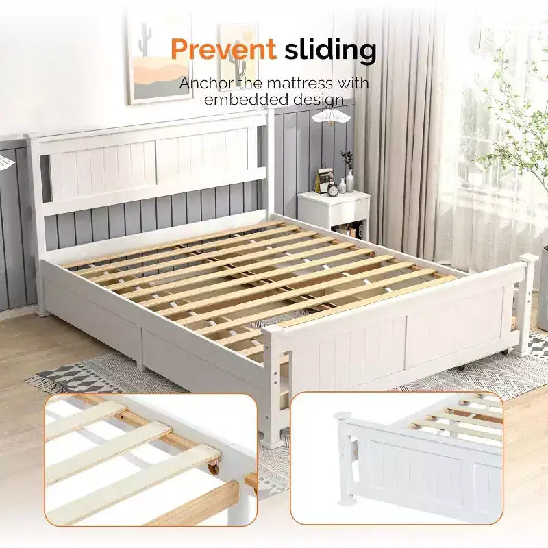 Struttura Letto a Piattaforma in Legno Matrimoniale con 4 Cassetti Contenitore e Testiera