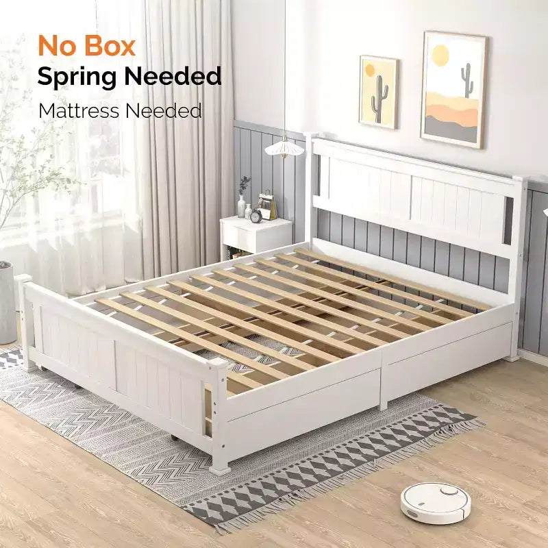 Struttura Letto a Piattaforma in Legno Matrimoniale con 4 Cassetti Contenitore e Testiera