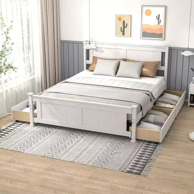 Struttura Letto a Piattaforma in Legno Matrimoniale con 4 Cassetti Contenitore e Testiera