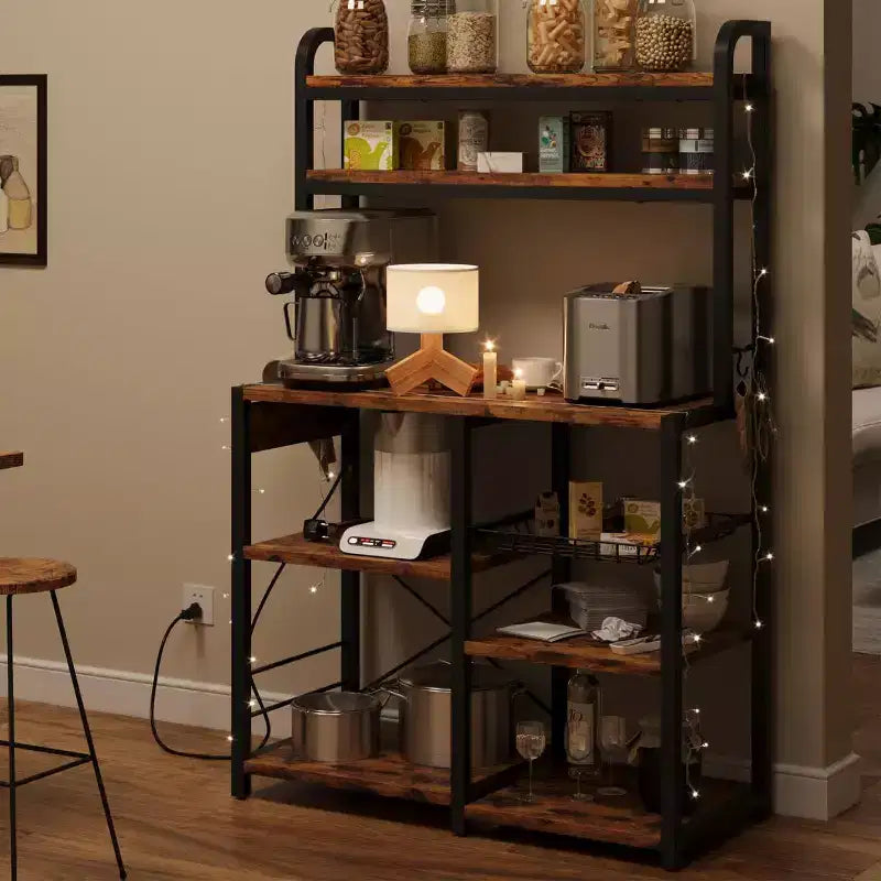 Scaffale a 6 ripiani con presa di corrente, supporto per microonde e cesto in filo, da cucina