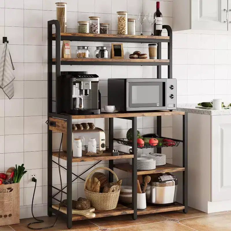 Scaffale a 6 ripiani con presa di corrente, supporto per microonde e cesto in filo, da cucina