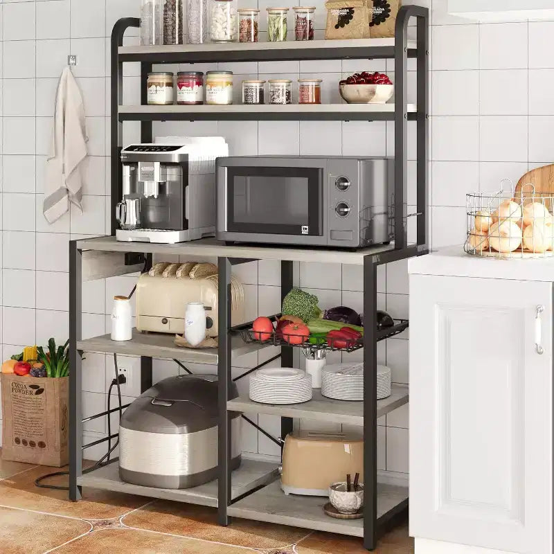 Scaffale a 6 ripiani con presa di corrente, supporto per microonde e cesto in filo, da cucina