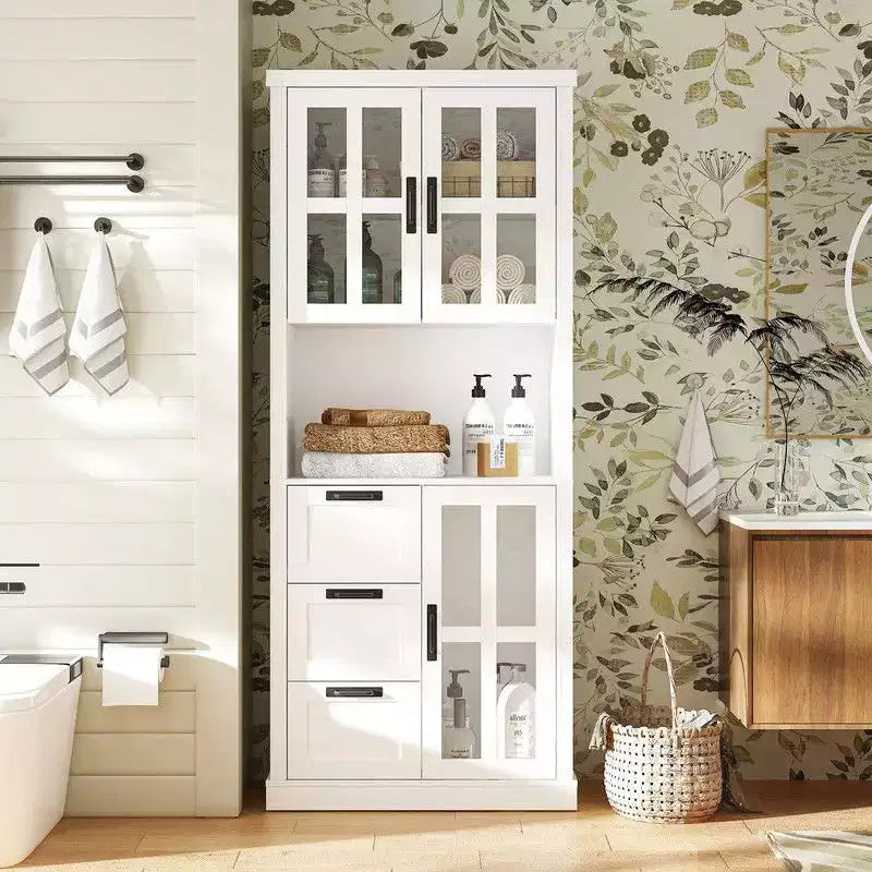 Famapy Bathroom Storage Cabinet with Glass Doors & Drawers,Tall Bathroom Cabinet,for Towel & Toiletries Storage