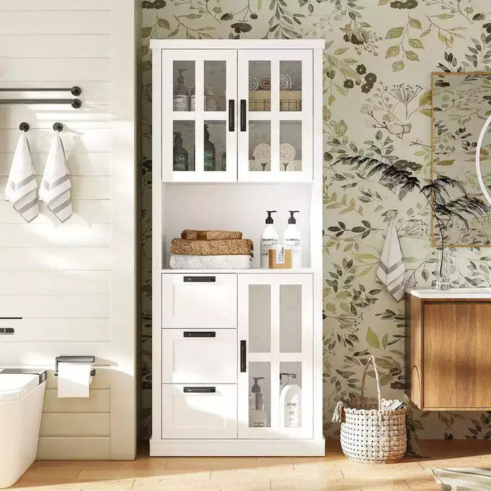 Famapy Bathroom Storage Cabinet with Glass Doors & Drawers,Tall Bathroom Cabinet,for Towel & Toiletries Storage
