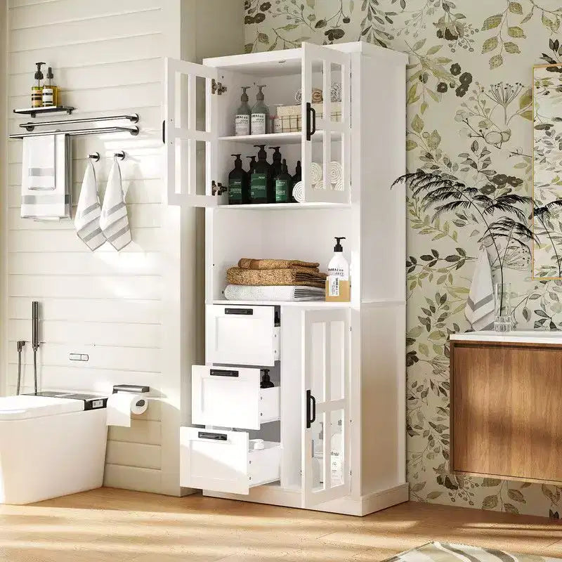 Mobiletto Alto per Bagno con Ante in Vetro e Cassetti per Asciugamani e Articoli da Toeletta