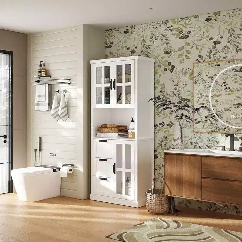 Mobiletto Alto per Bagno con Ante in Vetro e Cassetti per Asciugamani e Articoli da Toeletta