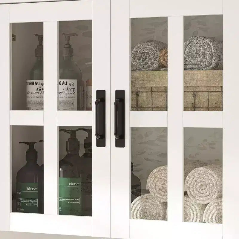 Mobiletto Alto per Bagno con Ante in Vetro e Cassetti per Asciugamani e Articoli da Toeletta